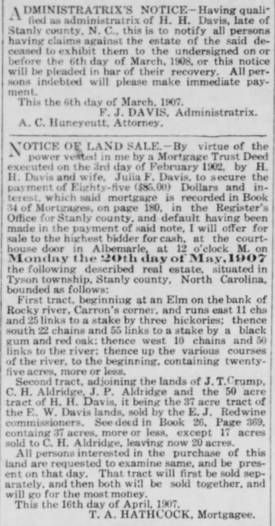 Sale of estate of Horton H. Davis by Francis Julina Aldridge Davis