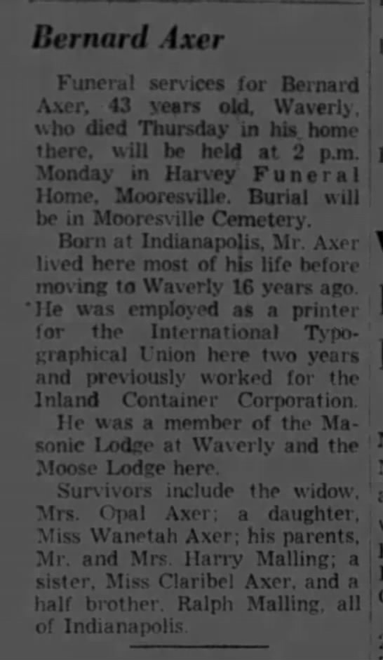 Bernard Axer obituary, 21 Apr 1951, Indianapolis Indiana