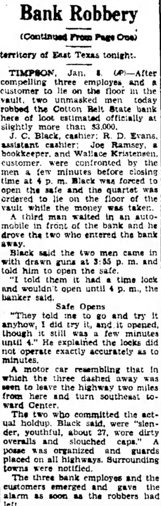 Timpson Band Robbed
Lubbock Morning Avalanche 1/9/31