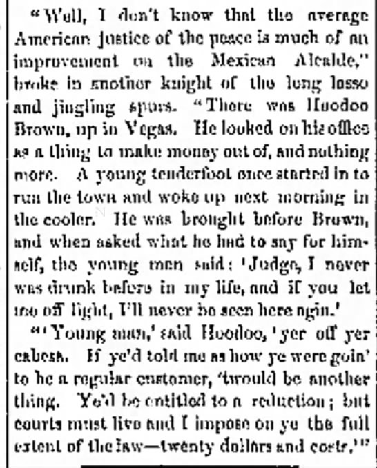 Justice of Peace Hoodoo Brown imposes fine for not drinking enough 1884
