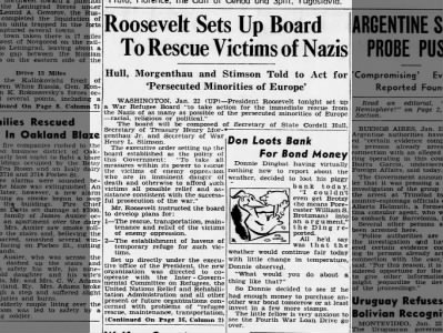 Roosevelt Sets Up Board To Rescue Victims of Nazis