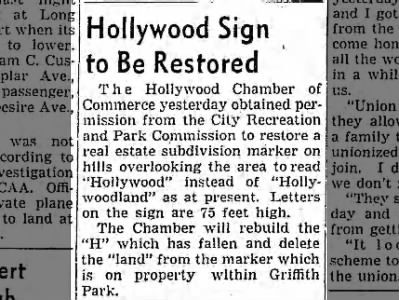 Restoration of Hollywood Sign, 1949