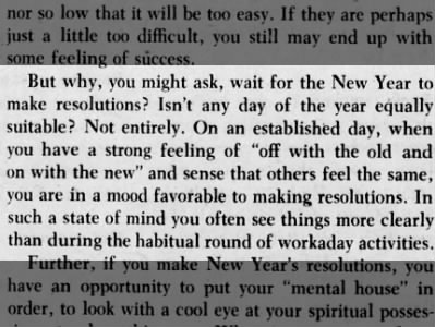 Argument for the New Year resolution as opposed to any day, 1957