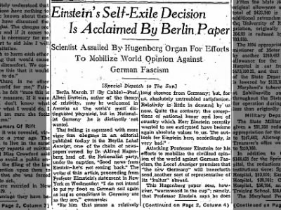 Einstein's Self-Exile Decision Is Acclaimed By Berlin Paper