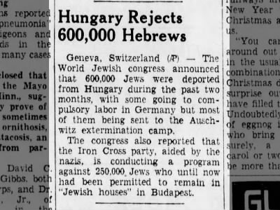 Hungary Rejects 600,000 Hebrews