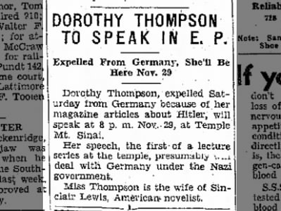 Dorothy Thompson to Speak in E.P.